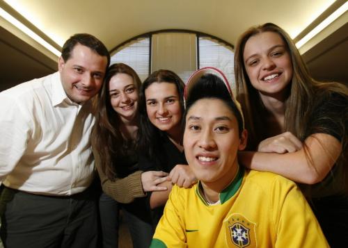 John Woods / Winnipeg Free Press / January 3, 2008 - 080103  - Team Brazil (LtoR) Fabriano Rodrigues, team advisor, Laura Horta, Beatriz Petrella, Jonathan Kwok, and Mayra Dietzold pose for a photograph at the Asper School of Business at the University of Manitoba Thursday, January 3, 2003.   Team Brazil and others are competing in the Manitoba International Marketing Competition.