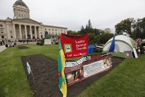 October 4, 2015 - 151004  -  Brenda Osborne, mother of Claudette Osborne, from Norway House has set up camp on the legislature lawn Sunday, October 4, 2015. The event is part of a  National  Day of Action for Violence Against Indigenous Women and taking place in various cities today. John Woods / Winnipeg Free Press