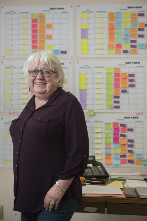 DAVID LIPNOWSKI / WINNIPEG FREE PRESS 151004  Lorraine Sigurdson is Pat Martin's campaign manager, and is pictured at HQ on Portage Avenue Sunday October 4, 2015.