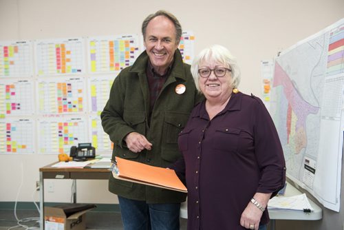 DAVID LIPNOWSKI / WINNIPEG FREE PRESS 151004  Lorraine Sigurdson is Pat Martin's campaign manager, and is pictured with Pat at HQ on Portage Avenue Sunday October 4, 2015.