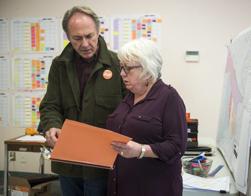DAVID LIPNOWSKI / WINNIPEG FREE PRESS 151004  Lorraine Sigurdson is Pat Martin's campaign manager, and is pictured with Pat at HQ on Portage Avenue Sunday October 4, 2015.