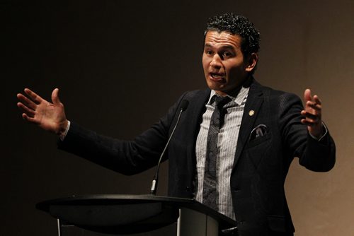 October 5, 2015 - 151005  - Wab Kinew speaks at his book launch for The Reason You Walk at the Canadian Museum For Human Rights Monday, October 5, 2015.  John Woods / Winnipeg Free Press