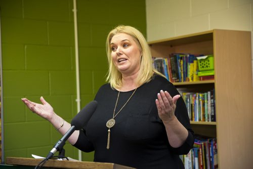Kerri Irvin-Ross, family services minister speaks about the expansion of the COACH program for at-risk youth at the Mission Baptist Church in Winnipeg on Tuesday, Oct. 6, 2015.  (Mikaela MacKenzie/Winnipeg Free Press)