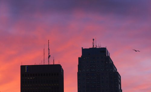 A pink hue in the sky over downtown Winnipeg just before sunrise Wednesday morning- Standup Photo-Oct 07, 2015   (JOE BRYKSA / WINNIPEG FREE PRESS)