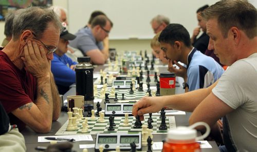 Players go head to head at  Chess Manitoba's weekly tournament at U of W. Bruce Leade, left, vs Colin Prince, right. BORIS MINKEVICH / WINNIPEG FREE PRESS  OCT 6, 2015