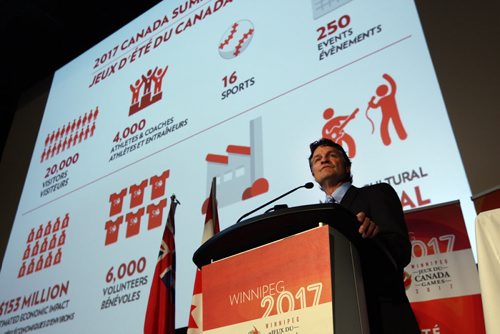 Jeff Hnatiuk- Pres and CEO of 2017 Canada Games at announcement where Manitoba Liquor and Lotteries will make a 1.2 Million dollar sponsor for the upcoming 2017 Games in Winnipeg. The event was held at the the Metropolitan Entertainment Centre, 281 Donald St. Thursday morning- See Bill Redekop Story-Oct 08, 2015   (JOE BRYKSA / WINNIPEG FREE PRESS)
