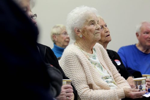 91-year-old Jean Dawes, a supporter of Charleswood-Assiniboia-Headingley MP, Steven Fletcher,  listens to him speak at a gathering in the Courts of St. James Tea Room Thursday morning.  See Kristin Annable story.  Oct 08, 2015 Ruth Bonneville / Winnipeg Free Press