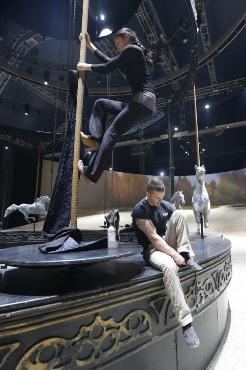 September 29, 2015 - 150929  -  Cavalier married couple Michel and Tomoko Charron prepare for their evening show on the carousel  Tuesday, September 29, 2015. John Woods / Winnipeg Free Press