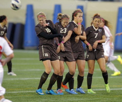 Universtity womens soccer at IGF. University of Manitoba line up to protect against the University of Winnipeg kick. BORIS MINKEVICH / WINNIPEG FREE PRESS  OCT 9, 2015