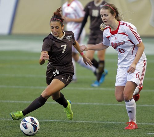 Universtity womens soccer at IGF. University of Manitoba #7 Selina Speranza tries to get past University of Winnipeg #6 Tyler Johnson. BORIS MINKEVICH / WINNIPEG FREE PRESS  OCT 9, 2015