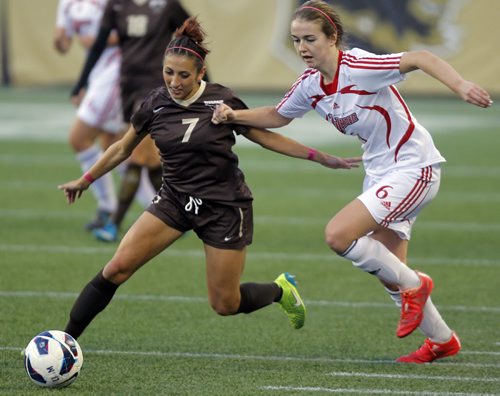 Universtity womens soccer at IGF. University of Manitoba #7 Selina Speranza tries to get past University of Winnipeg #6 Tyler Johnson. BORIS MINKEVICH / WINNIPEG FREE PRESS  OCT 9, 2015