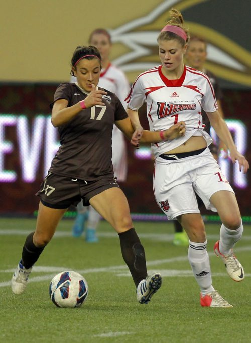 Universtity womens soccer at IGF. University of Manitoba #17 Chelsea Dubiel battles against University of Winnipeg #1 Brianna Krieger. BORIS MINKEVICH / WINNIPEG FREE PRESS  OCT 9, 2015