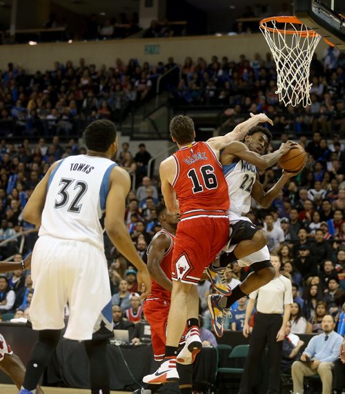 Chicago Bulls' Pau Gasol fouls Minnesota Timberwolves' Andrew Wiggins during an exhibition game at MTS Centre, Saturday, October 10, 2015. (TREVOR HAGAN/WINNIPEG FREE PRESS)