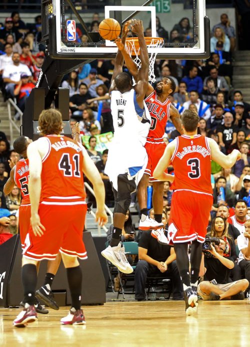 Minnesota Timberwolves' Gorgui Dieng is blocked by Chicago Bulls' Aaron Brooks during an exhibition game at MTS Centre, Saturday, October 10, 2015. (TREVOR HAGAN/WINNIPEG FREE PRESS)