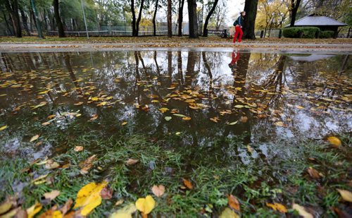 A large puddle on Assiniboine Avenue, Monday, October 12, 2015. (TREVOR HAGAN/WINNIPEG FREE PRESS) for carol sanders story