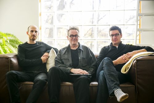 Architects Stephen Faust (left), David Penner, and Chris Wiebe in Penner's home in Winnipeg on Tuesday, Oct. 13, 2015.  Their proposal centres around a cycling "freeway" along the river.  (Mikaela MacKenzie/Winnipeg Free Press) --for The Rivers project