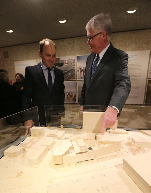 Richard Frost, CEO of the Winnipeg Foundation (right) and Stephen Borys, director & CEO of the Winnipeg Art Gallery, look over a 3-D model of the planned Inuit Art Centre at the WAG on Oct. 14, 2015. The Winnipeg Art Gallery is working towards the creation of an Inuit Art Centre, to which the Winnipeg Foundation is making a grant of $950,000. The centre will be an innovative programming hub that celebrates Inuit art and indigenous cultures through exhibitions, research, education and art making. The WAG holds in trust the worlds largest public collection of contemporary Inuit art. With more than 13,000 pieces, the collection represents half of the WAGs total permanent art collection. Photo by Jason Halstead/Winnipeg Free Press