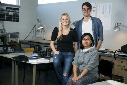 Architect students Stephanie Sewall (left), Tim Horton, and Yao Yao Li at the U of M in Winnipeg on Wednesday, Oct. 14, 2015.  Their proposal focuses on canals that would run parallel to streets in the inner city.  (Mikaela MacKenzie/Winnipeg Free Press) --for The Rivers project
