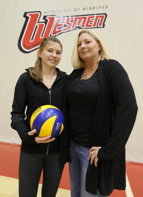 Fifth-year University of Winnipeg Wesmen volleyball player Tia Boroski with her aunt, Brenda Boroski, after practice at the Duckworkth Centre on Oct. 14, 2015. Brenda was an all-star and one-time national player of the year with the Wesmen in the late 1980s. The Wesmen women open their season at home on the weekend. Photo by Jason Halstead/Winnipeg Free Press RE: Martin story