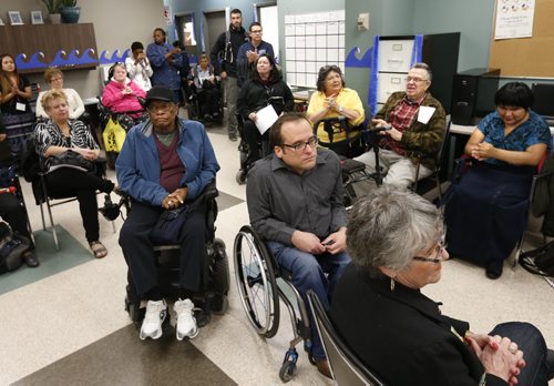 Persons with disabilities and seniors who rely on Winnipeg Handi Transit in attendance at the Independent Living Resource Centre Thursday regarding the formal complaint against Winnipeg Handi Transit that will  be filed in the coming days with the Manitoba Ombudsman demanding an overhaul of the system. Kevin Rollason Wayne Glowacki / Winnipeg Free Press October 15 2015