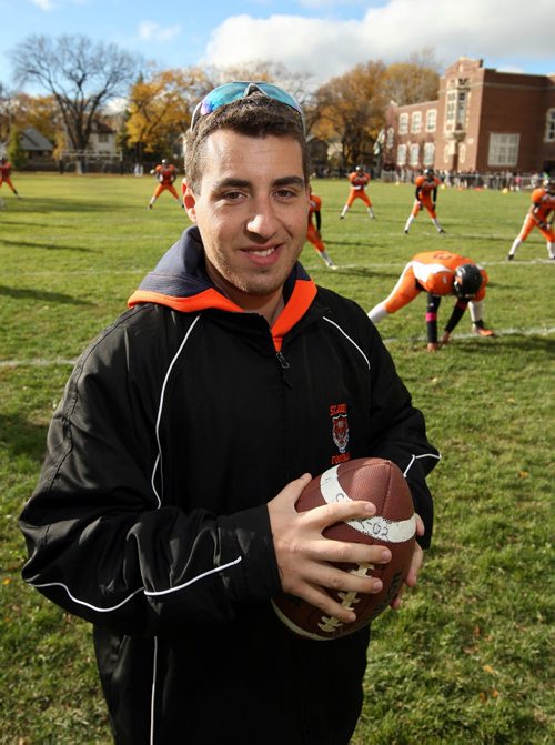 Volunteers column. 26-year-old high school teacher Mike McCheyne. For the past 10 years, he has selflessly given of his time, coaching numerous sports teams. Since then, he has coached numerous flag football, community football and high school football teams. He  coaches at Daniel McIntyre school as part of the coaching staff of the St. John's tigers.  BORIS MINKEVICH / WINNIPEG FREE PRESS  OCT 15, 2015