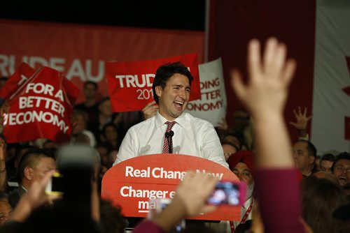Liberal leader Justin Trudeau is greeted with a roaring, full-house crowd of Liberal supporters  at St. James Civic Centre Saturday night.   Oct 17, 2015 Ruth Bonneville / Winnipeg Free Press play