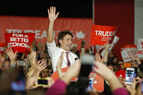 Liberal leader Justin Trudeau is greeted with a roaring, full-house crowd of Liberal supporters as he takes to the podium at St. James Civic Centre Saturday night.   Oct 17, 2015 Ruth Bonneville / Winnipeg Free Press play