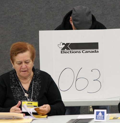 Ed Hanslip votes early Monday morning at the Voting booth at Northwood Community Centre at 1415 Burrows -Standup Photo -Oct 19, 2015   (JOE BRYKSA / WINNIPEG FREE PRESS)