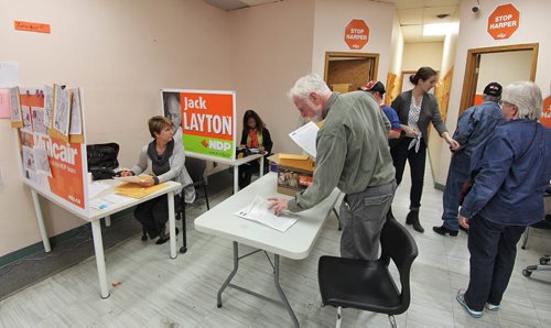 Supporters for Pat Martin, NDP candidate for Winnipeg Centre, keep working at his campaign headquarters during the final moments of the federal election Monday evening.  151019 October 19, 2015 MIKE DEAL / WINNIPEG FREE PRESS