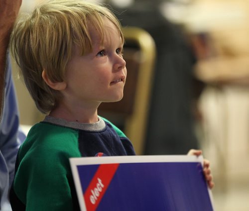 Four year old Cole Chebbert holds a sign for Jim Bell. Conservative Candidate for Kildonan-St. Paul at his riding headquarters Monday evening.    Oct 19, 2015 Ruth Bonneville / Winnipeg Free Press play