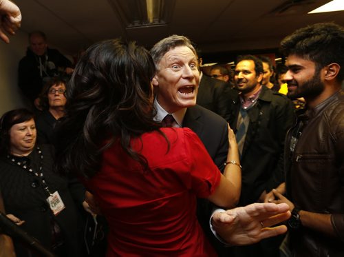 Liberal candidate Terry Duguid is greeted  by supporters at his Winnipeg South HQ after he was elected Monday night.  Larry Kusch story  Wayne Glowacki / Winnipeg Free Press October 19 2015