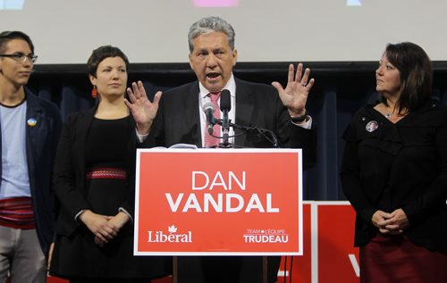 Liberal Dan Vandal party at the Franco-Manitoban Cultural Centre. Here he makes his speech to a cheering crowd. BORIS MINKEVICH / WINNIPEG FREE PRESS  OCT 19, 2015