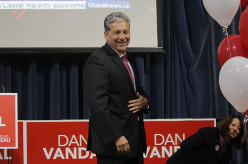 Liberal Dan Vandal party at the Franco-Manitoban Cultural Centre. Here he makes his speech to a cheering crowd. BORIS MINKEVICH / WINNIPEG FREE PRESS  OCT 19, 2015