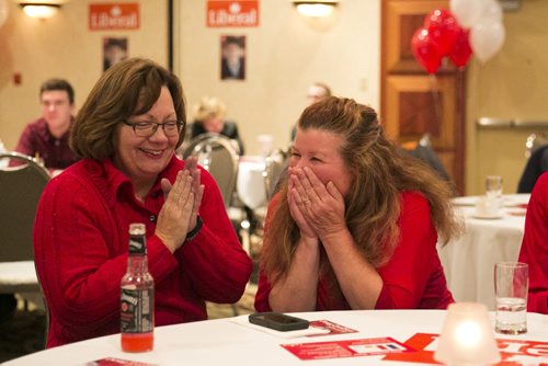 Liberal supporters Karen Exell (left) and Amy Chester celebrate Doug Eyolfson's win at a Holiday Inn in Winnipeg on Monday, Oct. 19, 2015.   (Mikaela MacKenzie/Winnipeg Free Press)