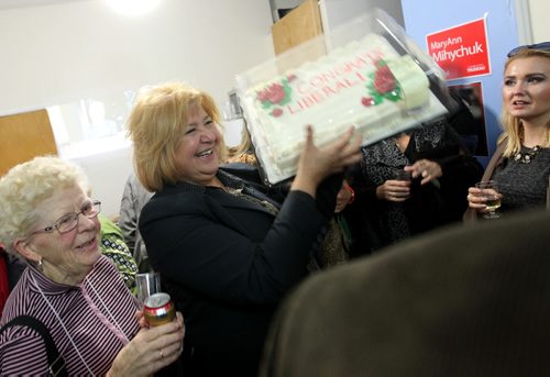 MaryAnn Mihychuk celebrates by holding a cake made for her at her  riding headquarters Monday evening after a close raise against Jim Bell of the conservatives.   Oct 19, 2015 Ruth Bonneville / Winnipeg Free Press play