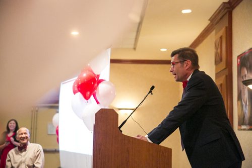 Doug Eyolfson gives a celebratory speech at a Holiday Inn in Winnipeg on Monday, Oct. 19, 2015.   (Mikaela MacKenzie/Winnipeg Free Press)