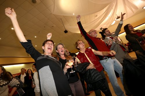 Liberal supporters react as results arrive at the Caboto Centre, Monday, October 19, 2015. (TREVOR HAGAN/WINNIPEG FREE PRESS)