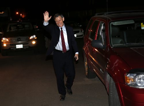 Liberal candidate Terry Duguid waves to supporters as he arrives  his Winnipeg South HQ after he was elected Monday night.  Larry Kusch story  Wayne Glowacki / Winnipeg Free Press October 19 2015