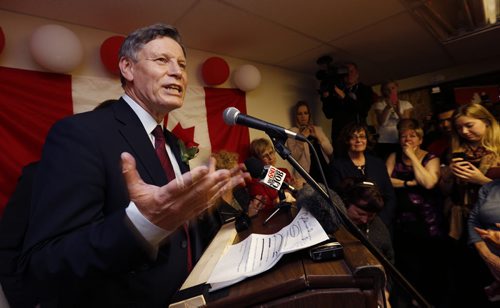Liberal candidate Terry Duguid speaks to supporters at his Winnipeg South HQ after he was elected Monday night.  Larry Kusch story  Wayne Glowacki / Winnipeg Free Press October 19 2015