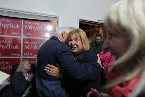 MaryAnn Mihychuk gets hugs from supporters after she won a  close race Monday evening against Jim Bell of the conservatives.   Oct 19, 2015 Ruth Bonneville / Winnipeg Free Press play