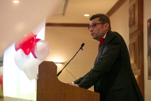 Doug Eyolfson gives a celebratory speech at a Holiday Inn in Winnipeg on Monday, Oct. 19, 2015.   (Mikaela MacKenzie/Winnipeg Free Press)