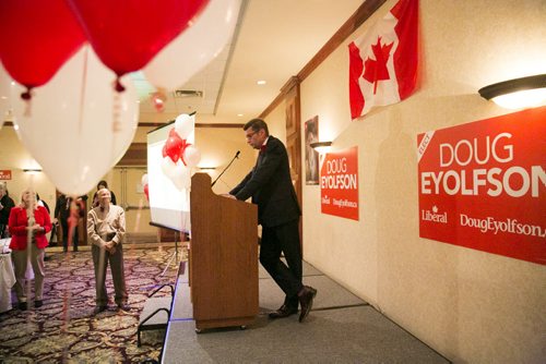 Doug Eyolfson gives a celebratory speech at a Holiday Inn in Winnipeg on Monday, Oct. 19, 2015.   (Mikaela MacKenzie/Winnipeg Free Press)