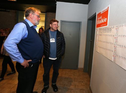 Former MP Bill Blaikie checks out the vote tally for his son, NDP candidate for Elmwood-Transcona, Daniel Blaikie, at the New Cavalier Inn on Regent Avenue West on Mon., Oct. 19, 2015. Photo by Jason Halstead/Winnipeg Free Press