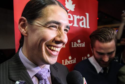Robert Falcon Ouellette, Liberal candidate for Winnipeg Centre, celebrates a huge win, upsetting incumbent NDP Pat Martin in the federal election Monday, October 19, 2015. 151019 - Monday, October 19, 2015 -  MIKE DEAL / WINNIPEG FREE PRESS