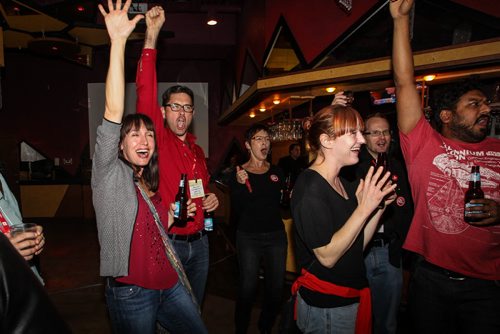 Supporters for Robert Falcon Ouellette, Liberal candidate for Winnipeg Centre, celebrate a huge win, upsetting incumbent NDP Pat Martin in the federal election Monday, October 19, 2015. 151019 - Monday, October 19, 2015 -  MIKE DEAL / WINNIPEG FREE PRESS
