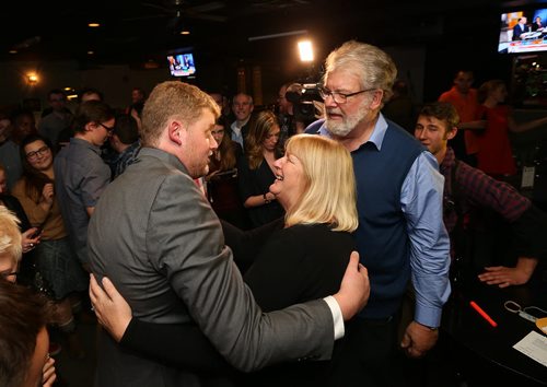 NDP candidate for Elmwood-Transcona, Daniel Blaikie, celebrates victory with his parents Bill and Brenda Blaikie at the New Cavalier Inn on Regent Avenue West. on Mon., Oct. 19, 2015. Photo by Jason Halstead/Winnipeg Free Press