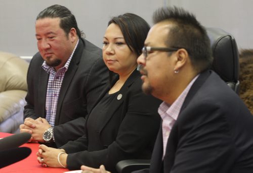 L to R -Grand Chief of the Assembly of Manitoba Chiefs Derek Nepinak-MKO Grand Chief Sheila North Wilson, and Kevin Hart Vice Chief Assembly of First Nations  comment on results of last nights federal election- See Alex Paul story -Oct 20, 2015   (JOE BRYKSA / WINNIPEG FREE PRESS)