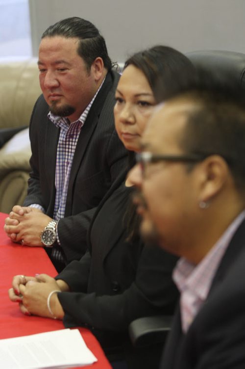 L to R -Grand Chief of the Assembly of Manitoba Chiefs Derek Nepinak-MKO Grand Chief Sheila North Wilson, and Kevin Hart Vice Chief Assembly of First Nations comment on last nights federal election results - See Alex Paul story -Oct 20, 2015   (JOE BRYKSA / WINNIPEG FREE PRESS)