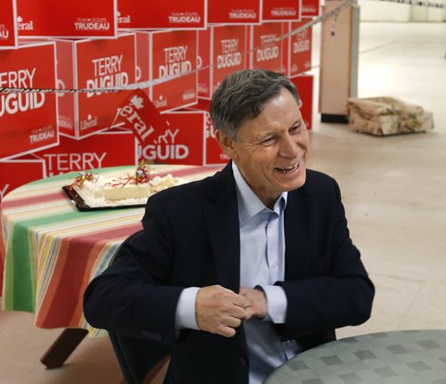 Terry Duguid in his Winnipeg South HQ Tuesday, the day after he was elected to parliament. In back is what is left of the cake from the celebration from Monday night.  Dan Lett story  Wayne Glowacki / Winnipeg Free Press October 20 2015