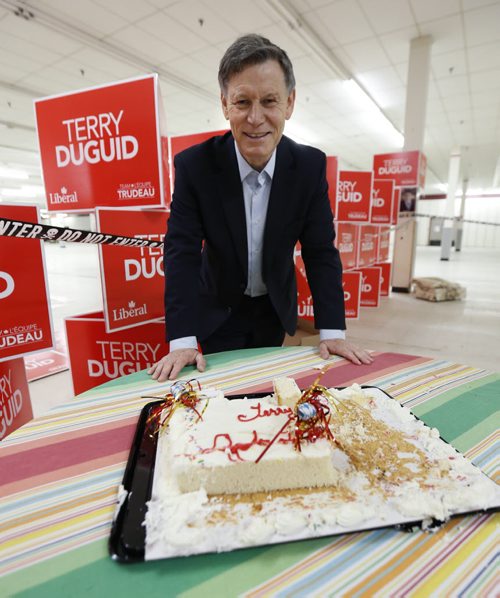 Terry Duguid in his Winnipeg South HQ Tuesday, the day after he was elected to parliament. The cake is from the Monday night's celebration.  Dan Lett story  Wayne Glowacki / Winnipeg Free Press October 20 2015